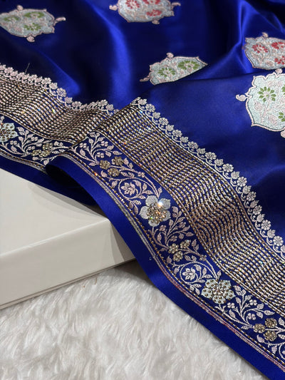 Premium Banarasi Satin Katan Saree Swarovski Work Minakari Booti Pattern in Royal Blue Shades BSK04