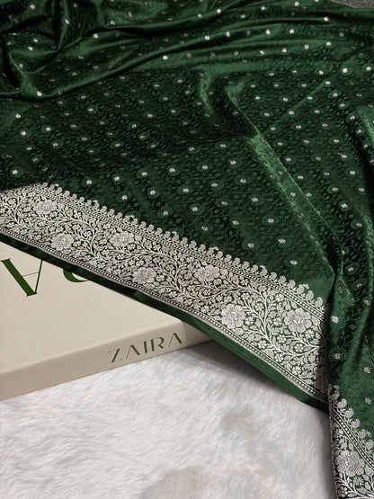 Bottle Green Shades Booti Tanchoi Mashru Silk Saree MS49