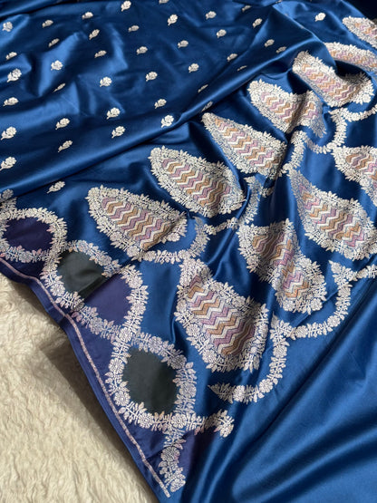 Royal Blue Rangkart Scallop Floral Booti Mashru Silk Saree