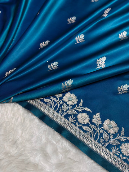 Peacock Blue Boota With Floral Border Mashru Silk Saree MSM-85
