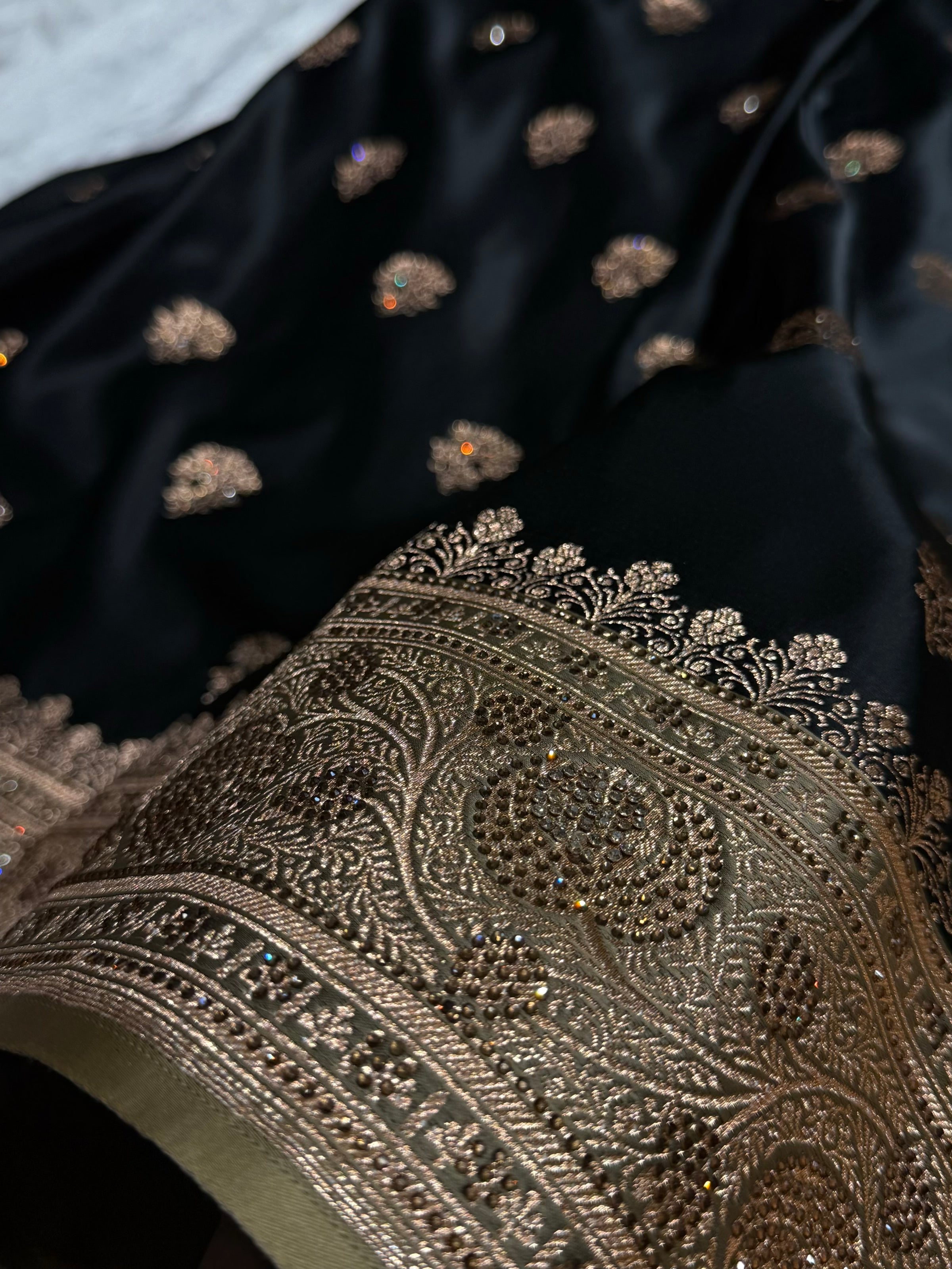 Black - Cream Banarasi Boota With Swarovski Katan Silk Saree BSKM29
