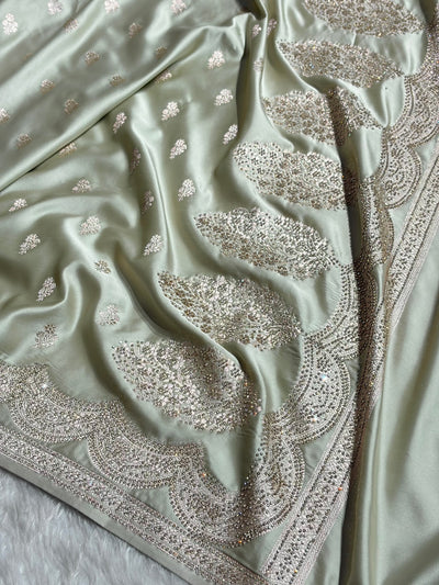 Banarasi Light Pista Scallop Mashru Silk with White Stone Swarovski work BMCS02