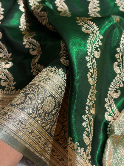 Bottle Green Contrast Shades Cross Pattern Banarasi Satin Silk Saree SS39
