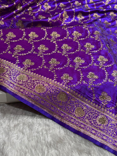 Satin Silk Saree Banarasi Swarovski Work Jaal in Purple Shades BSS23 (R)