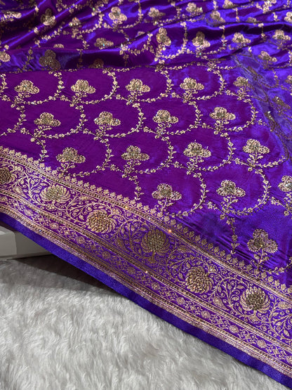 Satin Silk Saree Banarasi Swarovski Work Jaal in Purple Shades BSS23 (R)
