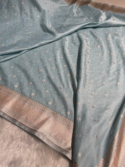 Powder Blue Shades Tanchoi Motif Mashru Silk Saree