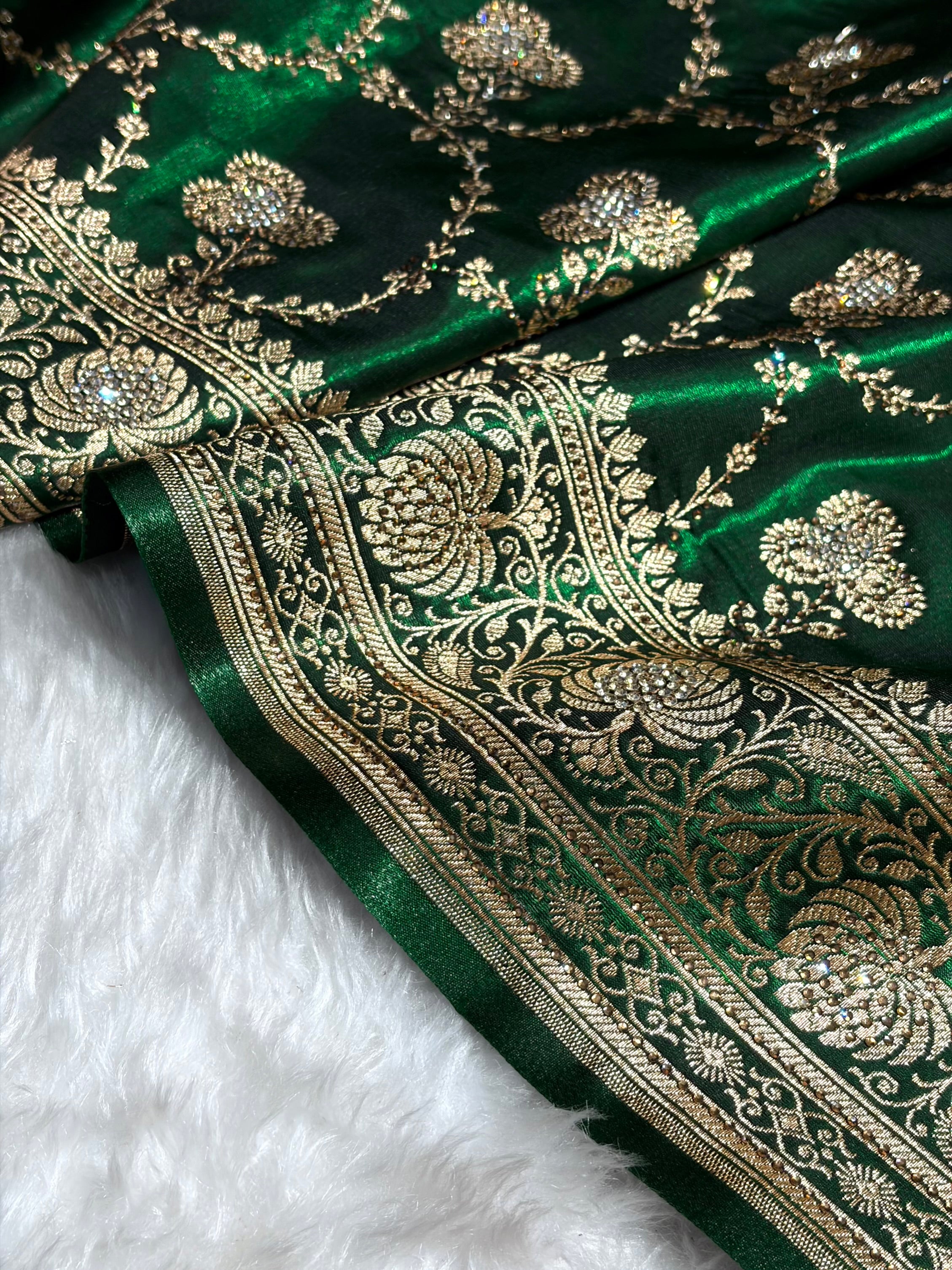 Satin Silk Saree Banarasi Swarovski Work Jaal in Bottle Green Shades BSS23 (R)