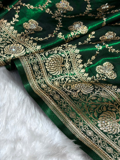 Satin Silk Saree Banarasi Swarovski Work Jaal in Bottle Green Shades BSS23 (R)