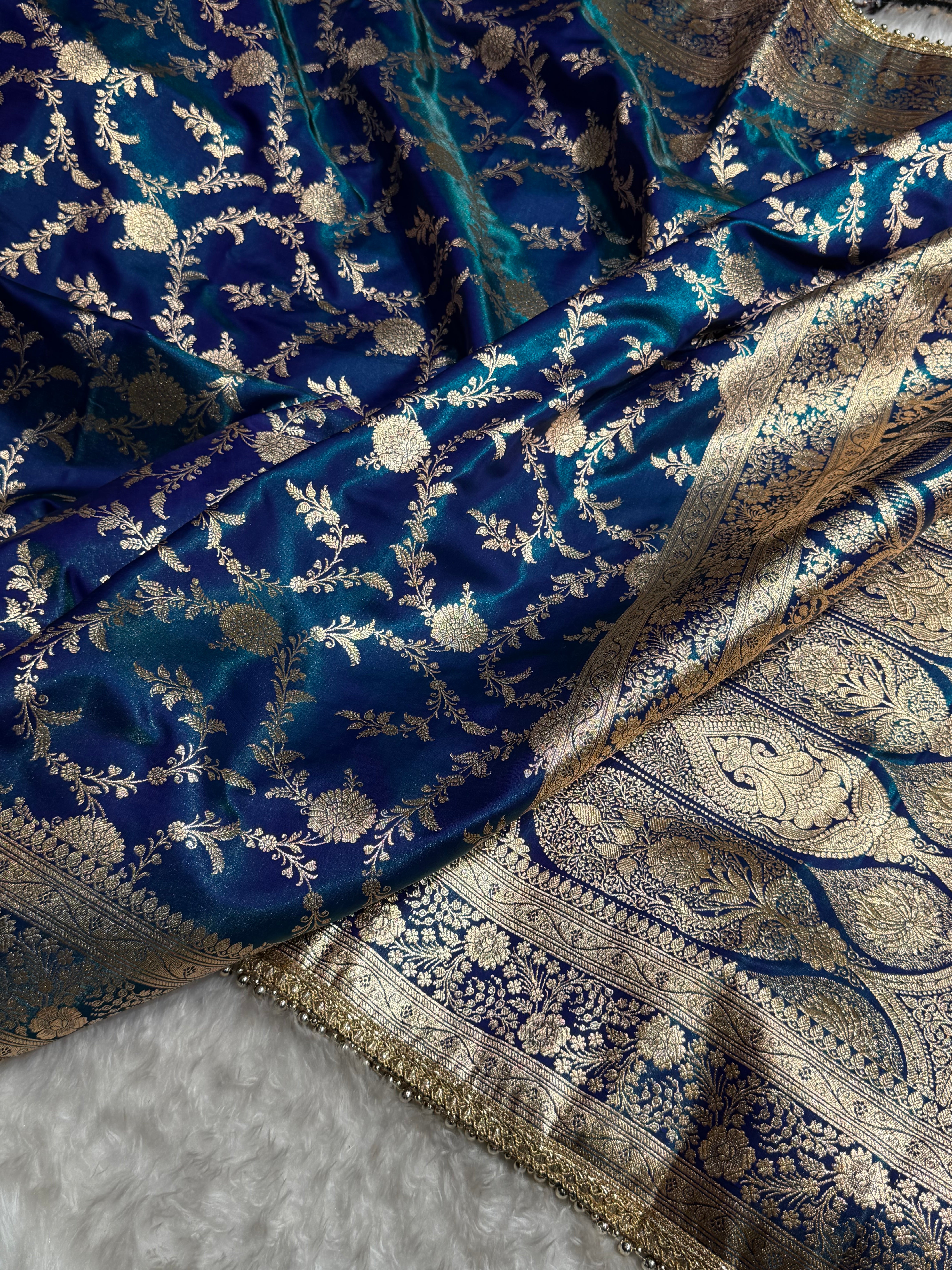 Peacock Jaal Satin Silk Saree with Gotta Patti