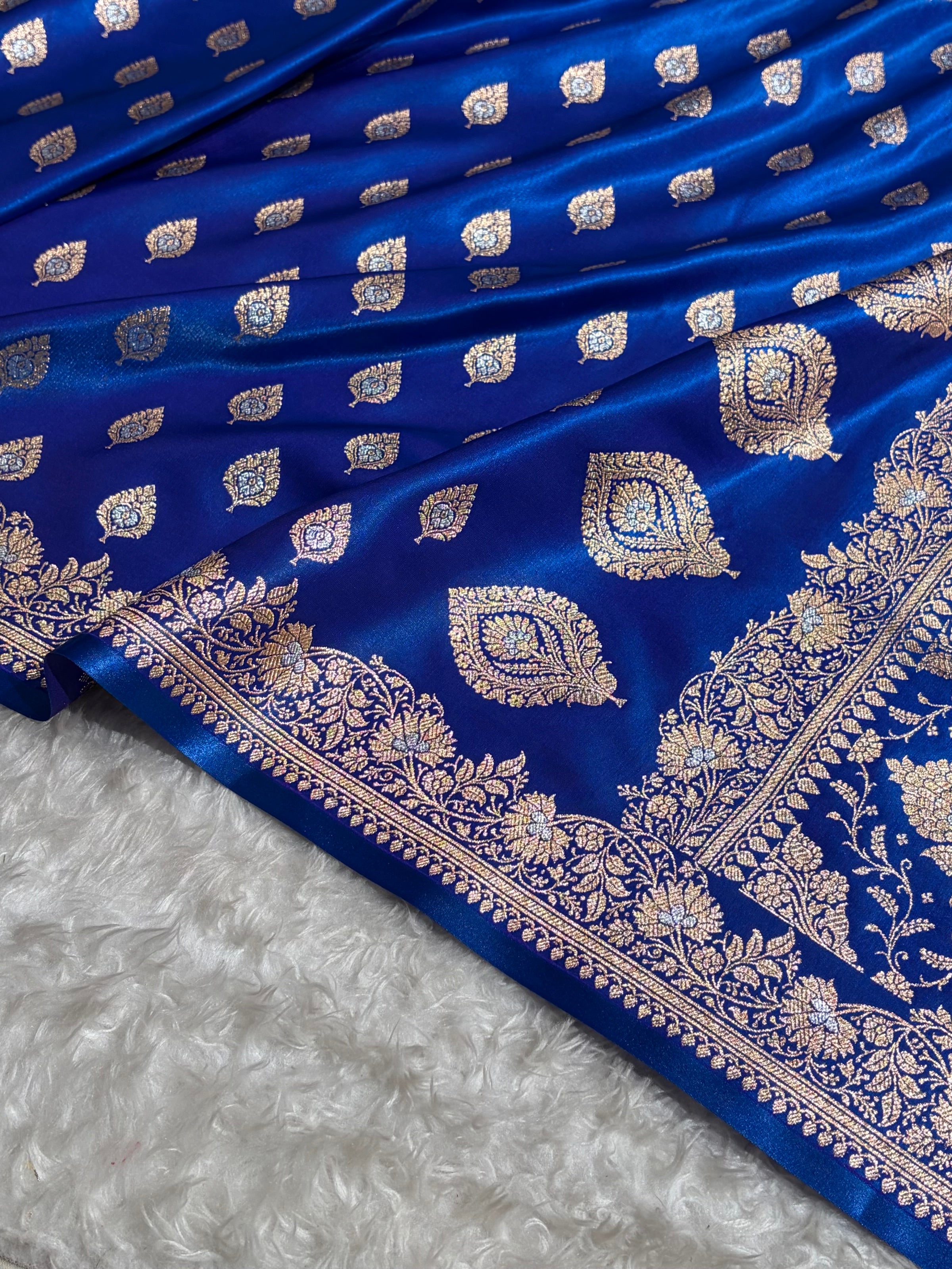 Banarasi Cross Royal Blue Shades Minakari Booti Pattern Banarasi Satin Silk Saree SS60