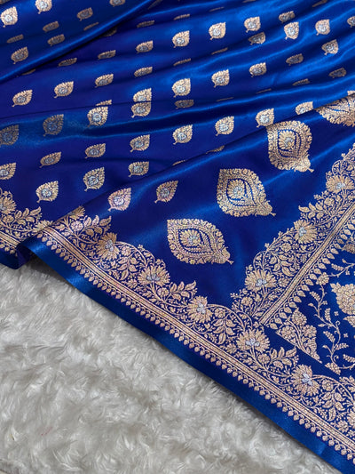 Banarasi Cross Royal Blue Shades Minakari Booti Pattern Banarasi Satin Silk Saree SS60