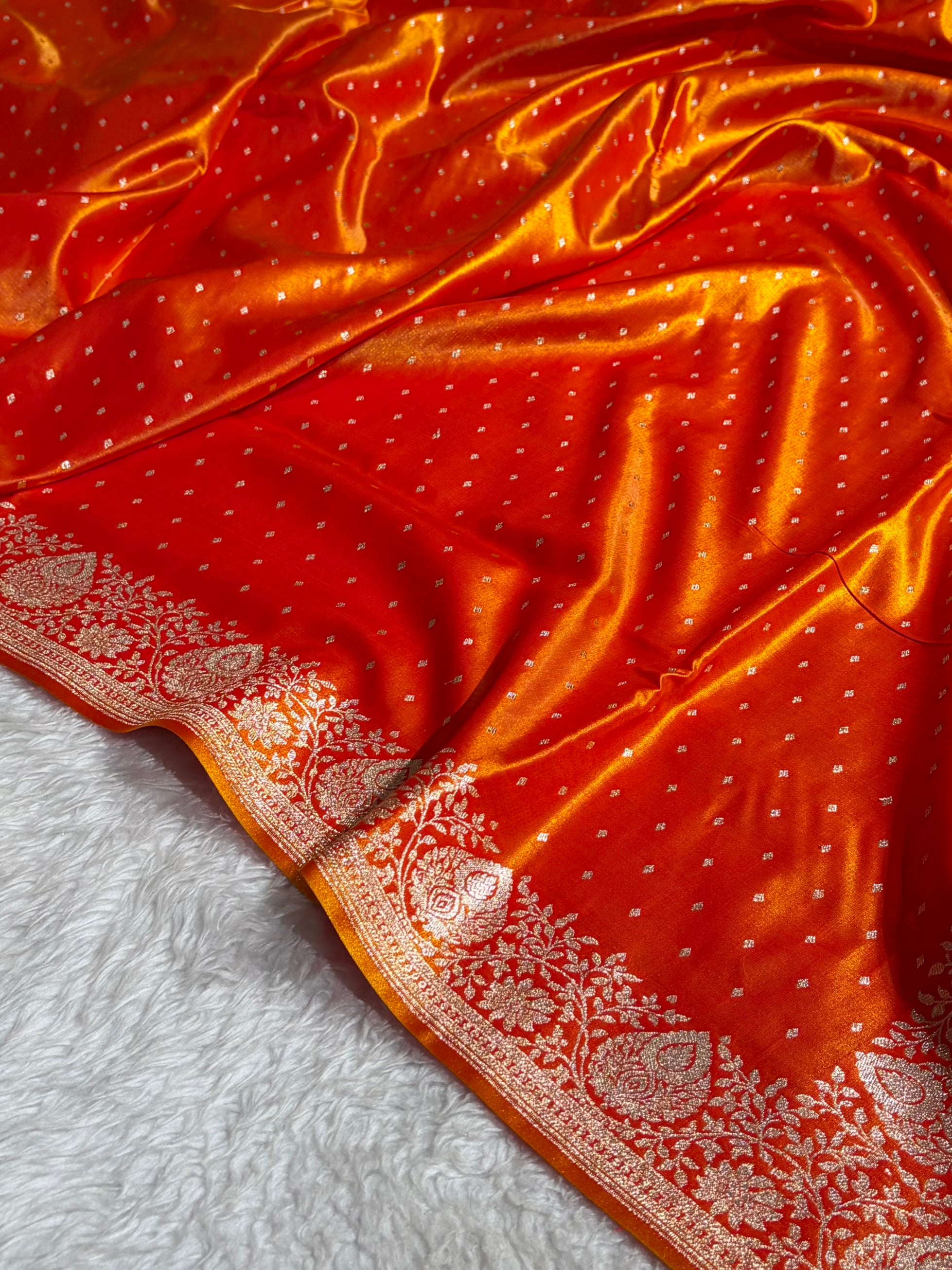 Satin Silk Saree Floral Boota in Firs Gold Shades SS28