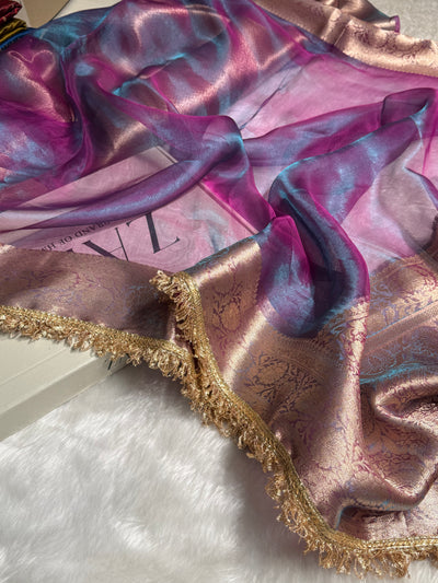 Cross Purple Shade Pure Tissue Silk Saree with Brocade Blouse And Gotta Patti PTGP-18