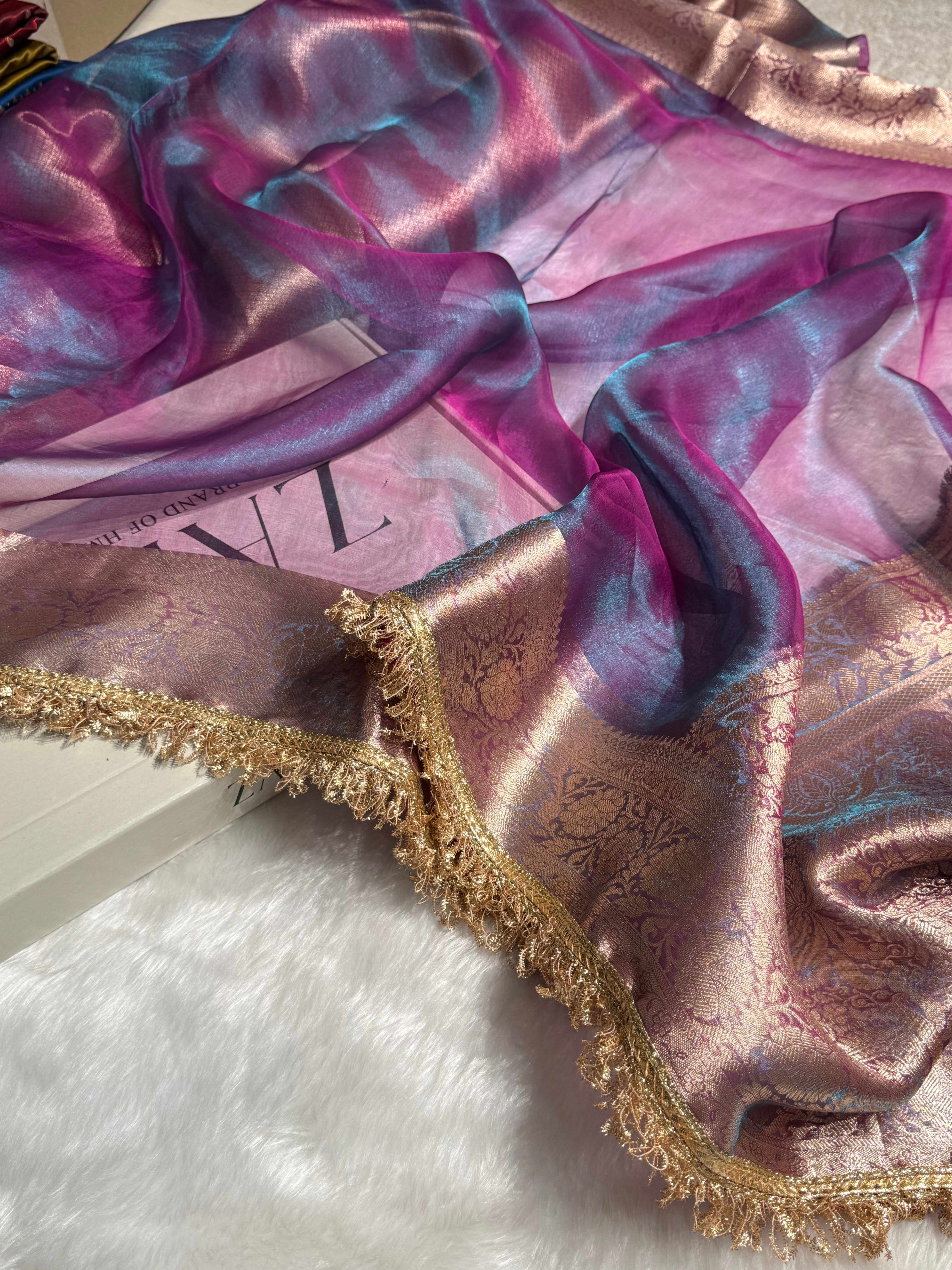 Cross Purple Shade Pure Tissue Silk Saree with Brocade Blouse And Gotta Patti PT-18