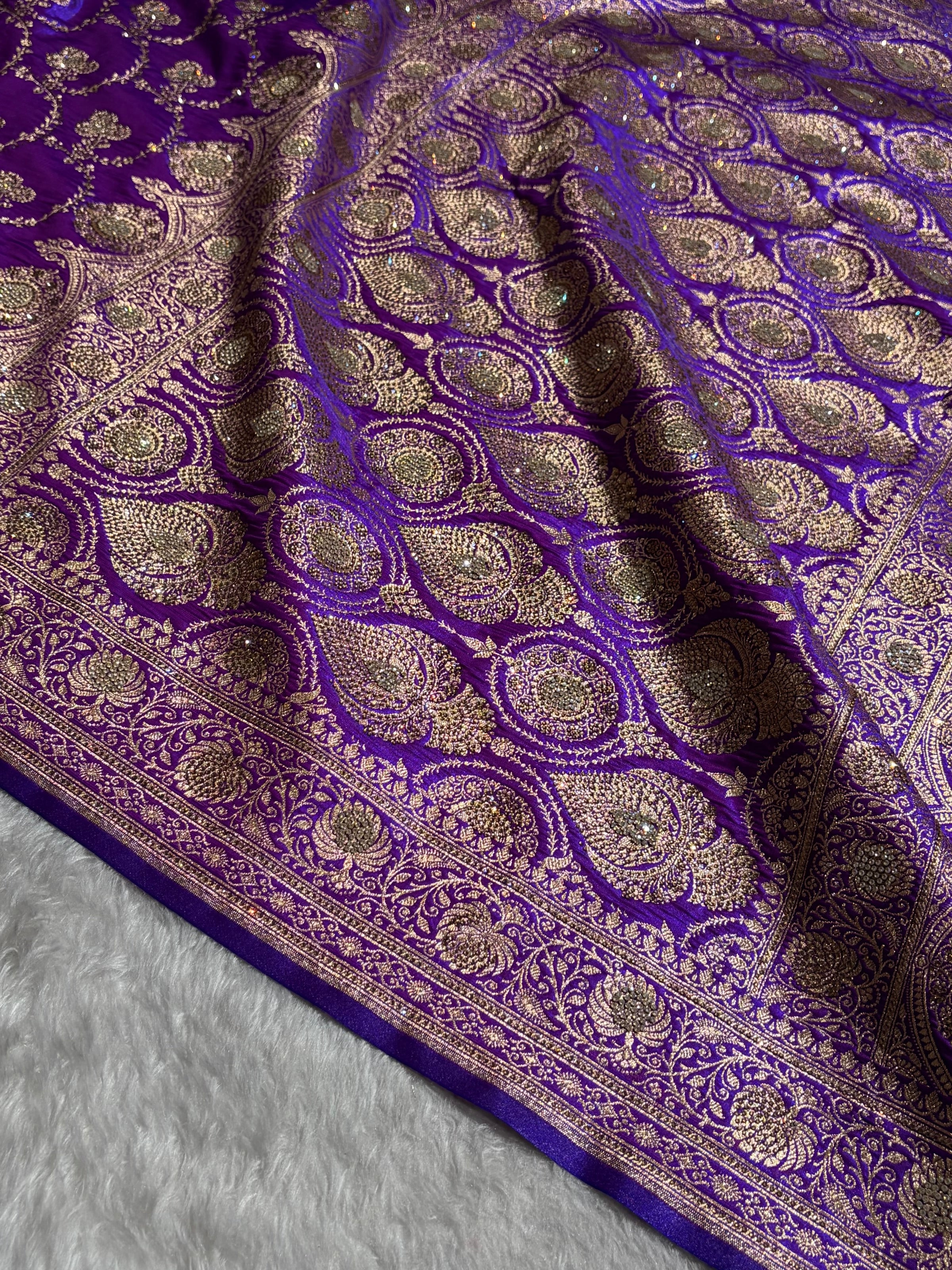 Satin Silk Saree Banarasi Swarovski Work Jaal in Purple Shades BSS23 (R)