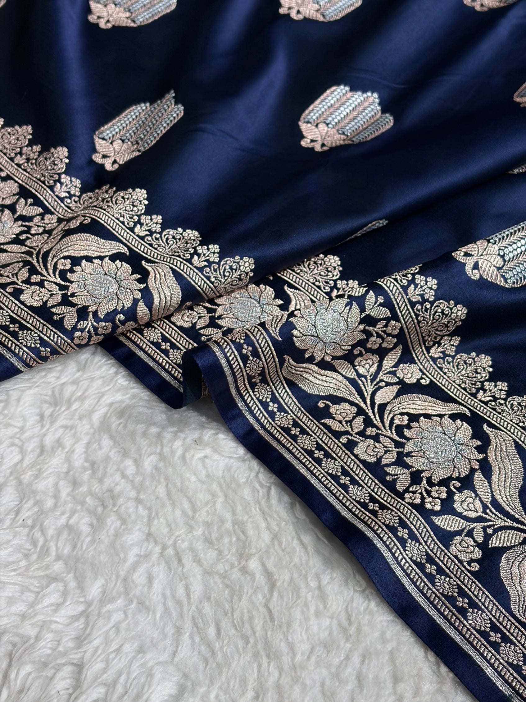 German Blue Shades Banarasi Boota Pattern Minakari Floral Mashru Silk Saree MSM-122