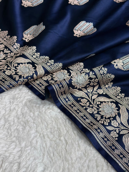German Blue Shades Banarasi Boota Pattern Minakari Floral Mashru Silk Saree MSM-122