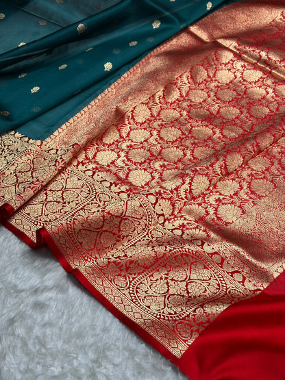 Contrast Pure Banarasi Organza Rama With Red Floral Banarasi Silk Saree PO-17