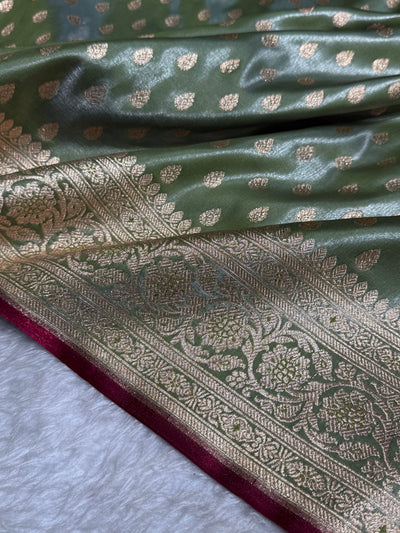 Light Mehandi Booti satin Silk Saree SS01