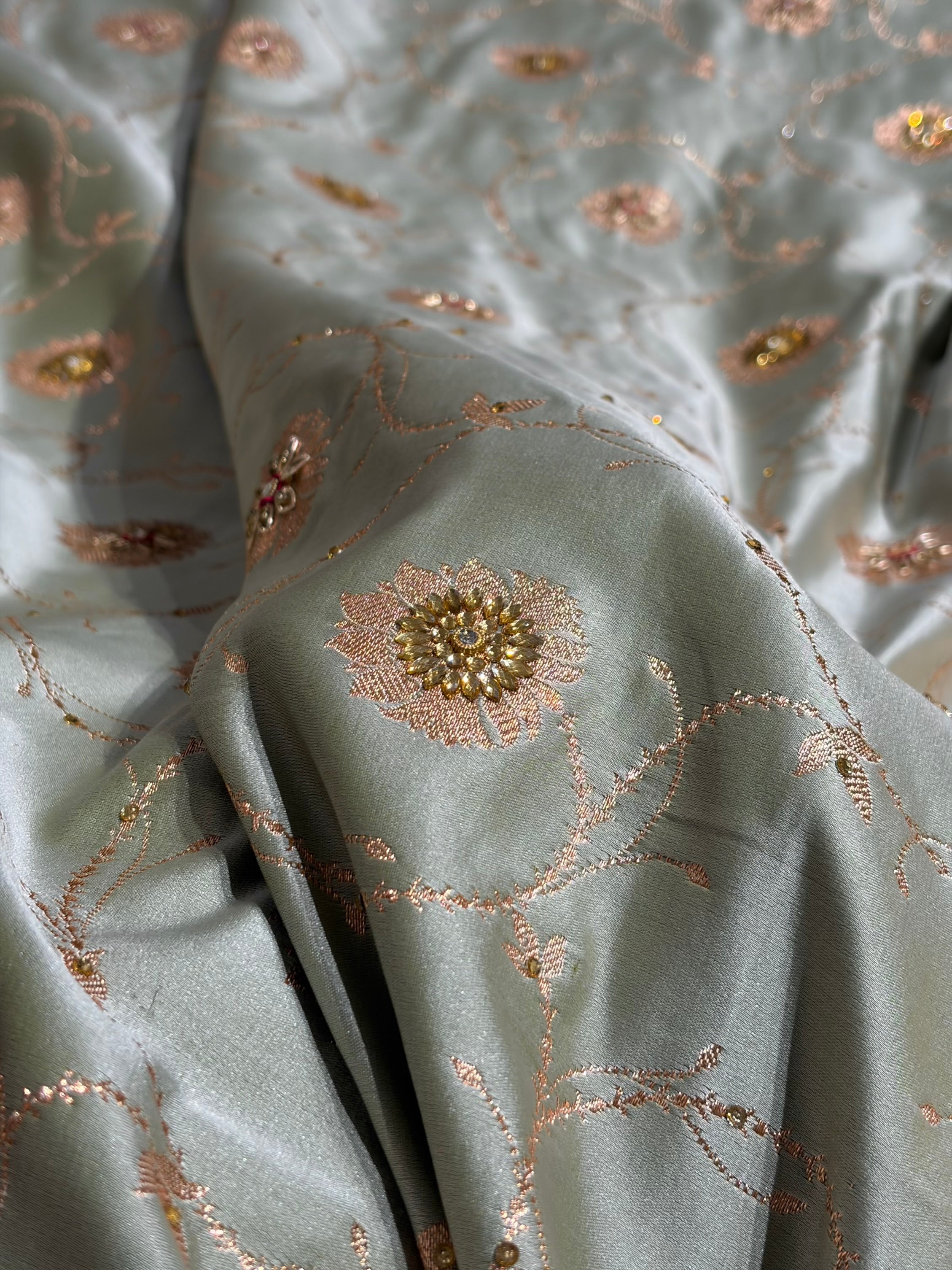 Pastel Mahndi Banarasi Jaal Satin Katan Silk Saree with Stone & Zardozi Work BSK06