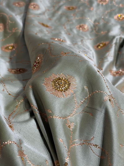 Pastel Mahndi Banarasi Jaal Satin Katan Silk Saree with Stone & Zardozi Work BSK06