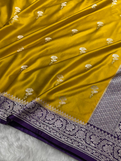 Contrast Mustard With Dark Purple Shades Minakari Boota Mashru Silk Saree