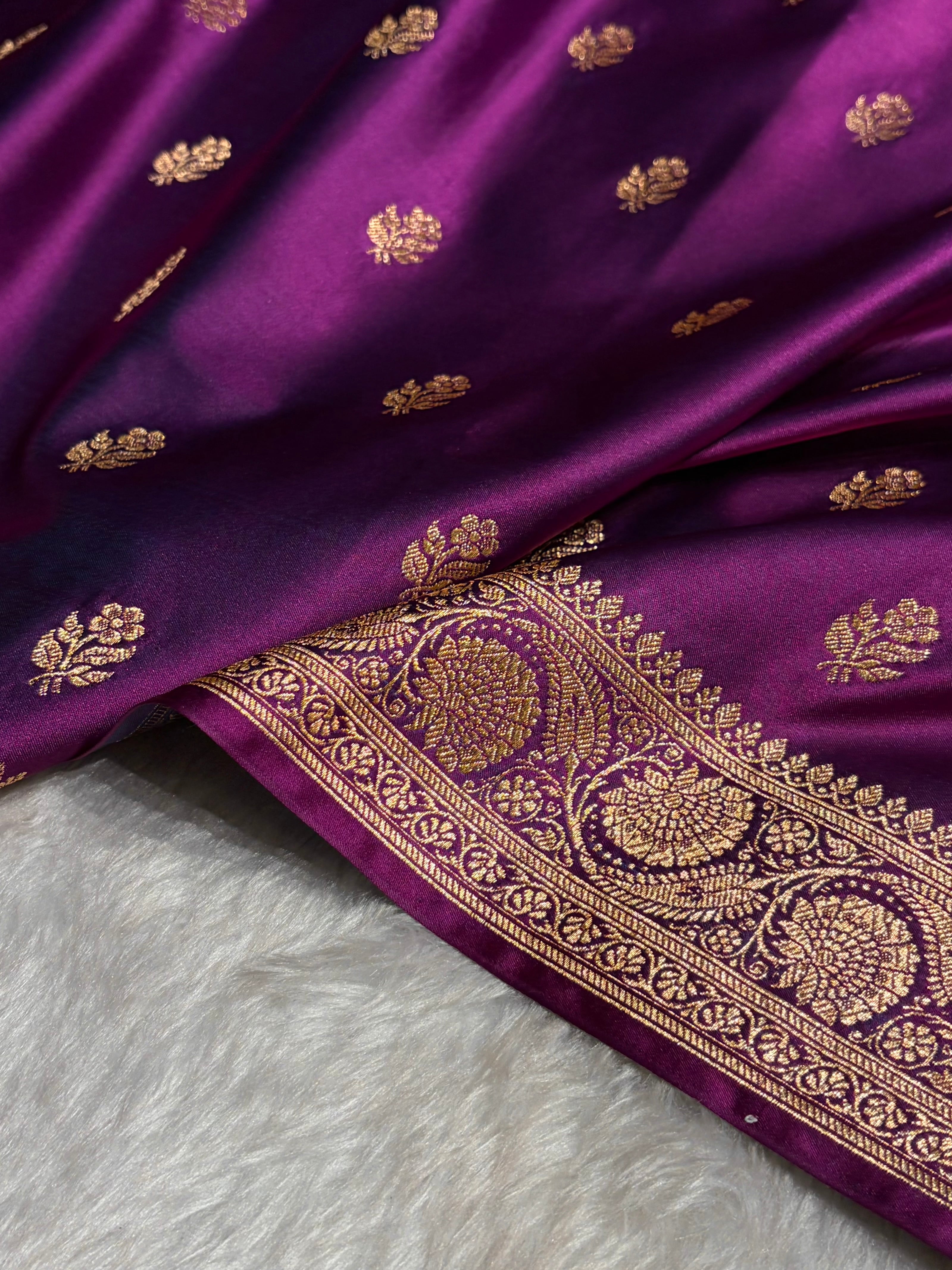 Dark Magneta Floral Boota Pattern Satin Katan Silk Saree SK71