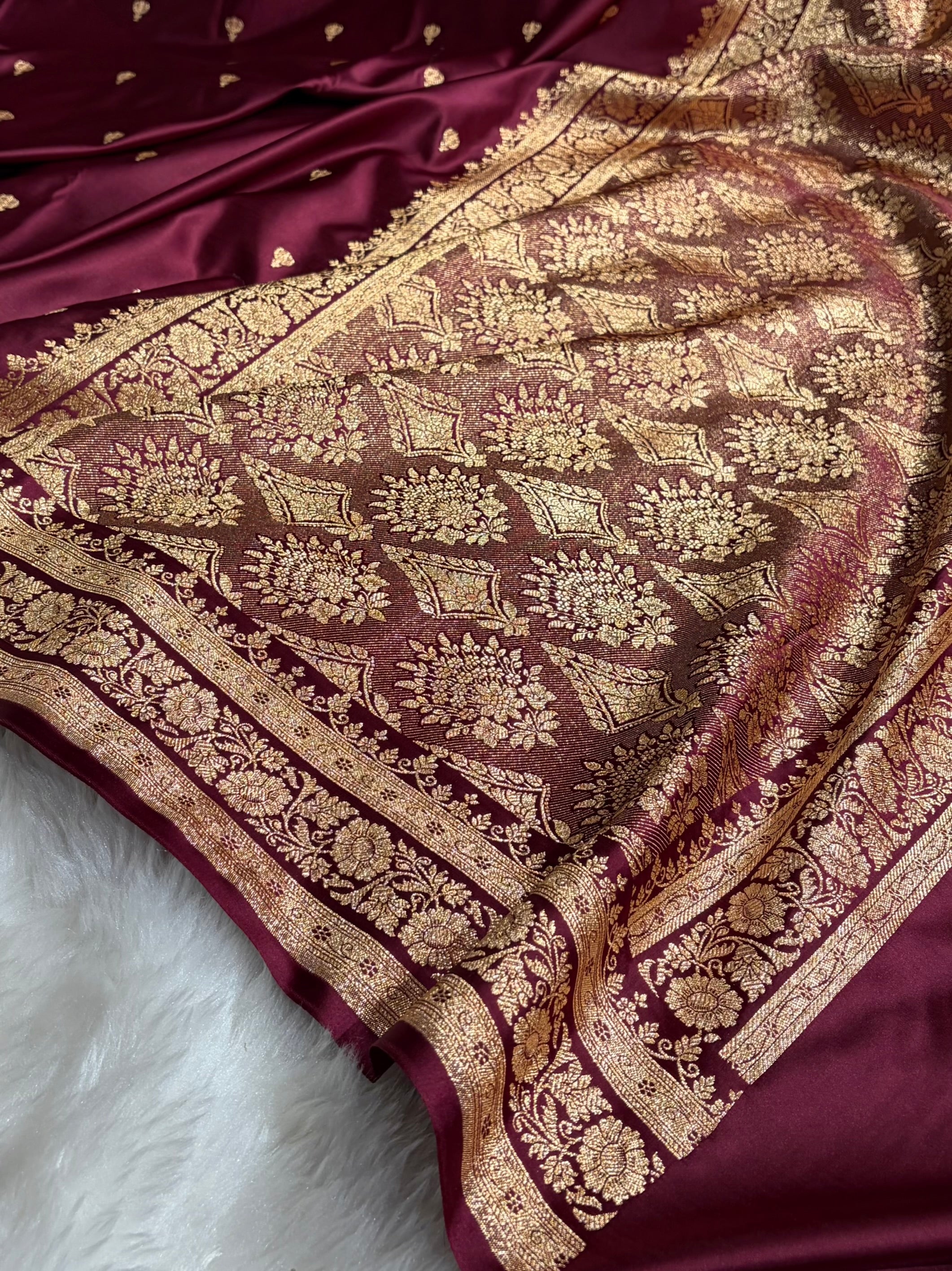 Banarasi Garnet Booti Pattern Satin Katan Silk Saree SK66