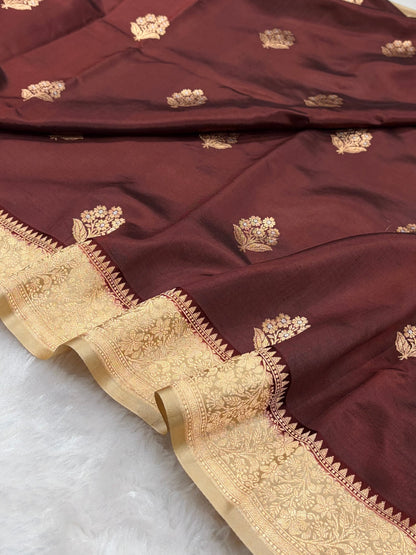 Banarasi Chocolate With Tusser Contrast Shades Meenakari Boots Handwoven Pure Paper Silk Saree RM-90