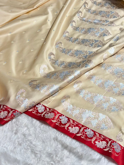 Contrast Cream With Red Floral Boota With Floral Border Mashru Silk Saree MSM 78