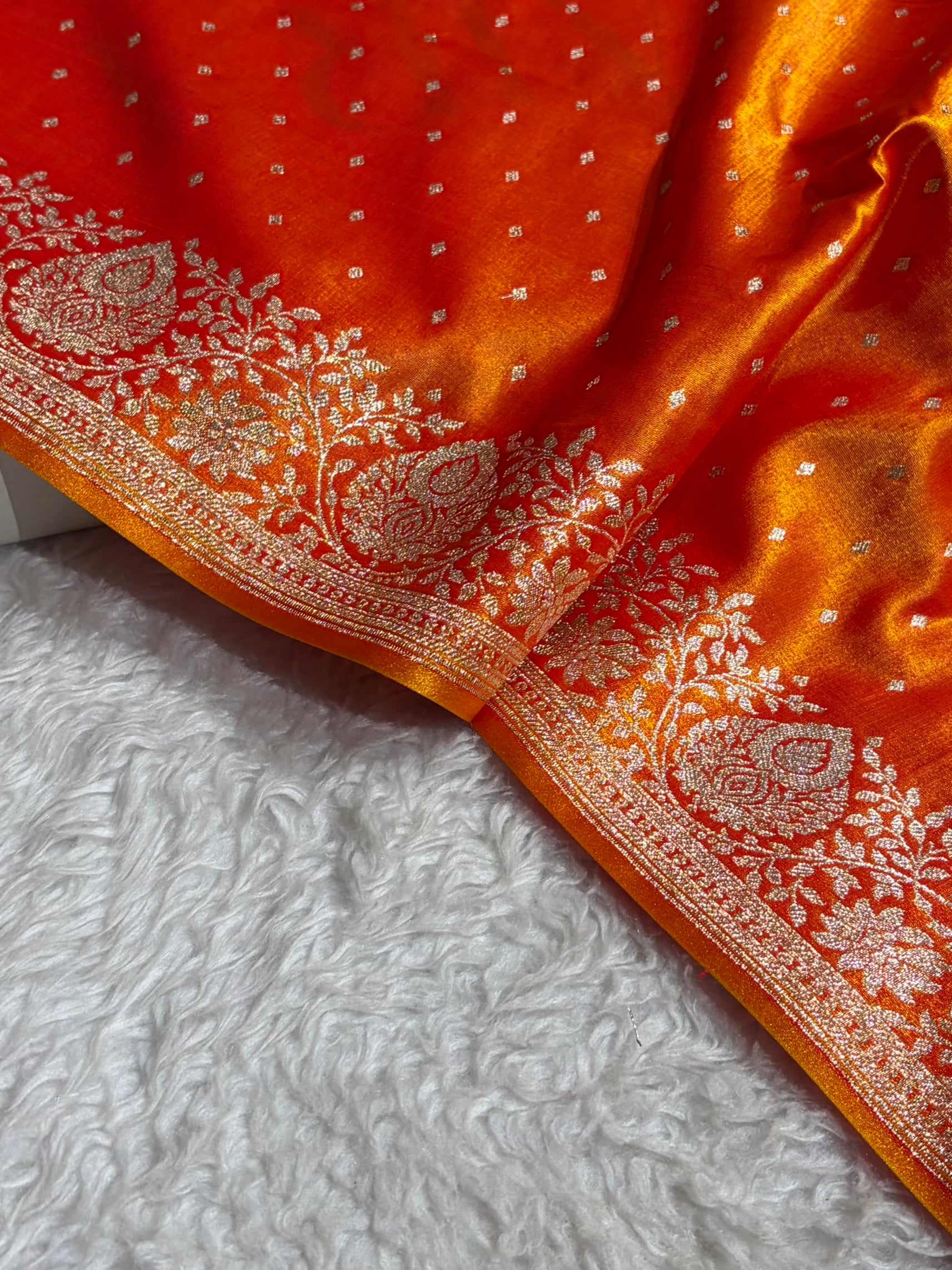 Satin Silk Saree Floral Boota in Firs Gold Shades SS28