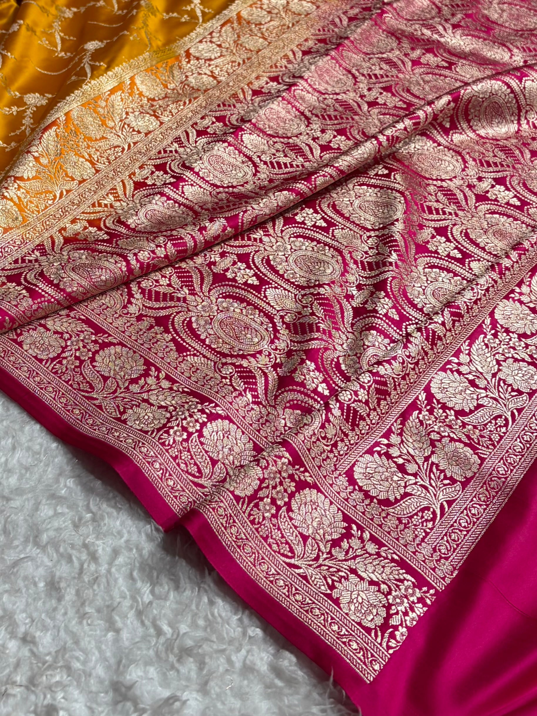 Contrast Banarasi Satin Katan Saree With Boota in Mustard With Rani Shades SK115