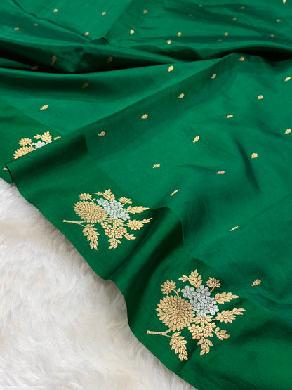 Banarasi Bottle Green Shades Meena Boota Handwoven Pure Paper Silk RM-72