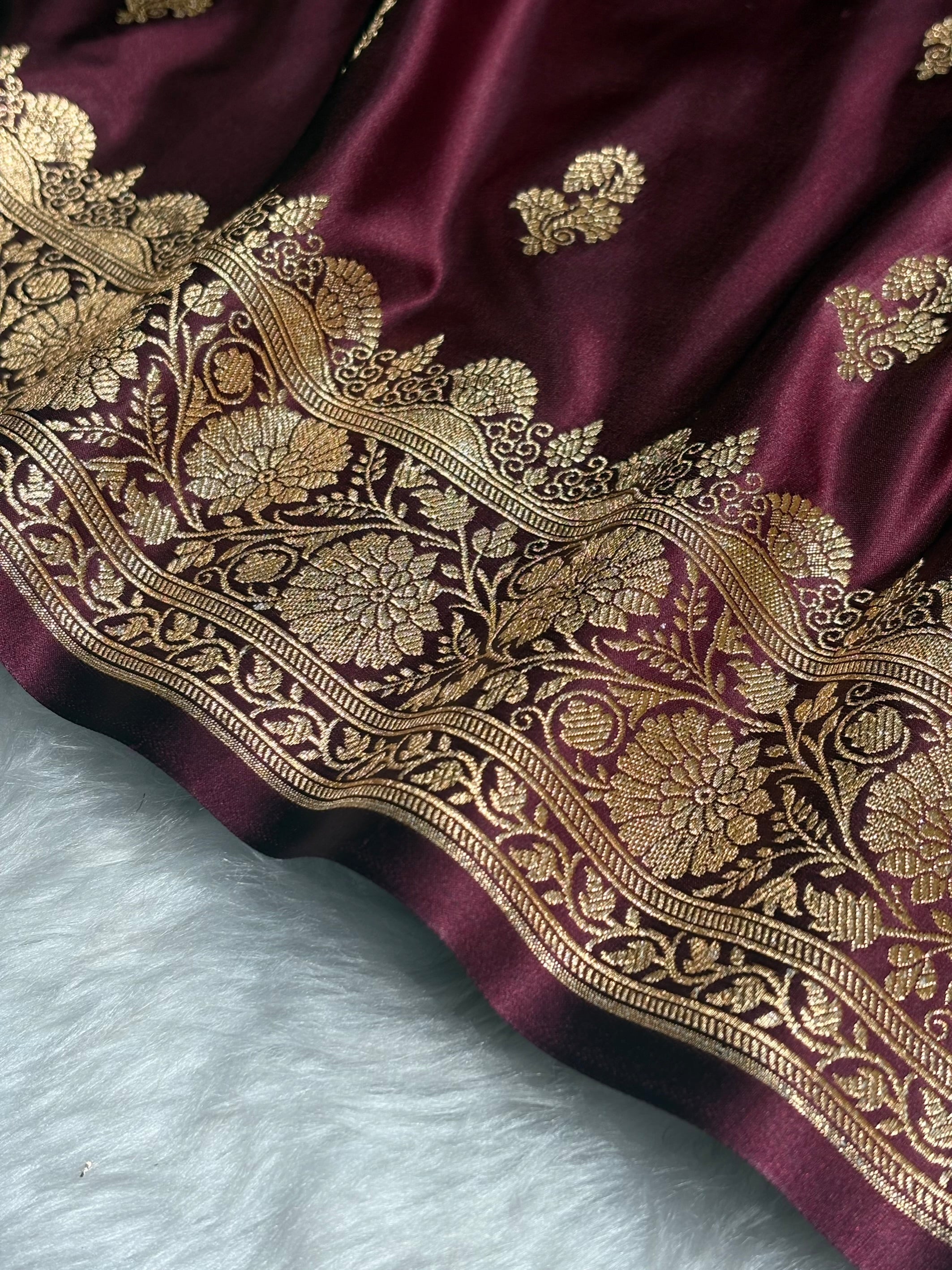 Garnet Shades Floral Booti Motif Satin Katan Silk saree SK61