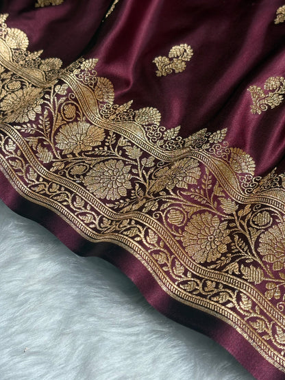 Garnet Shades Floral Booti Motif Satin Katan Silk saree SK61