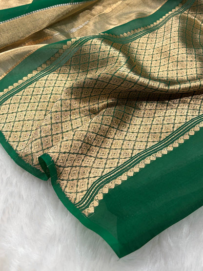 Bottle Green Tissue Organza Bananasi Floral Shades Pure Tissue Silk Saree PT-56