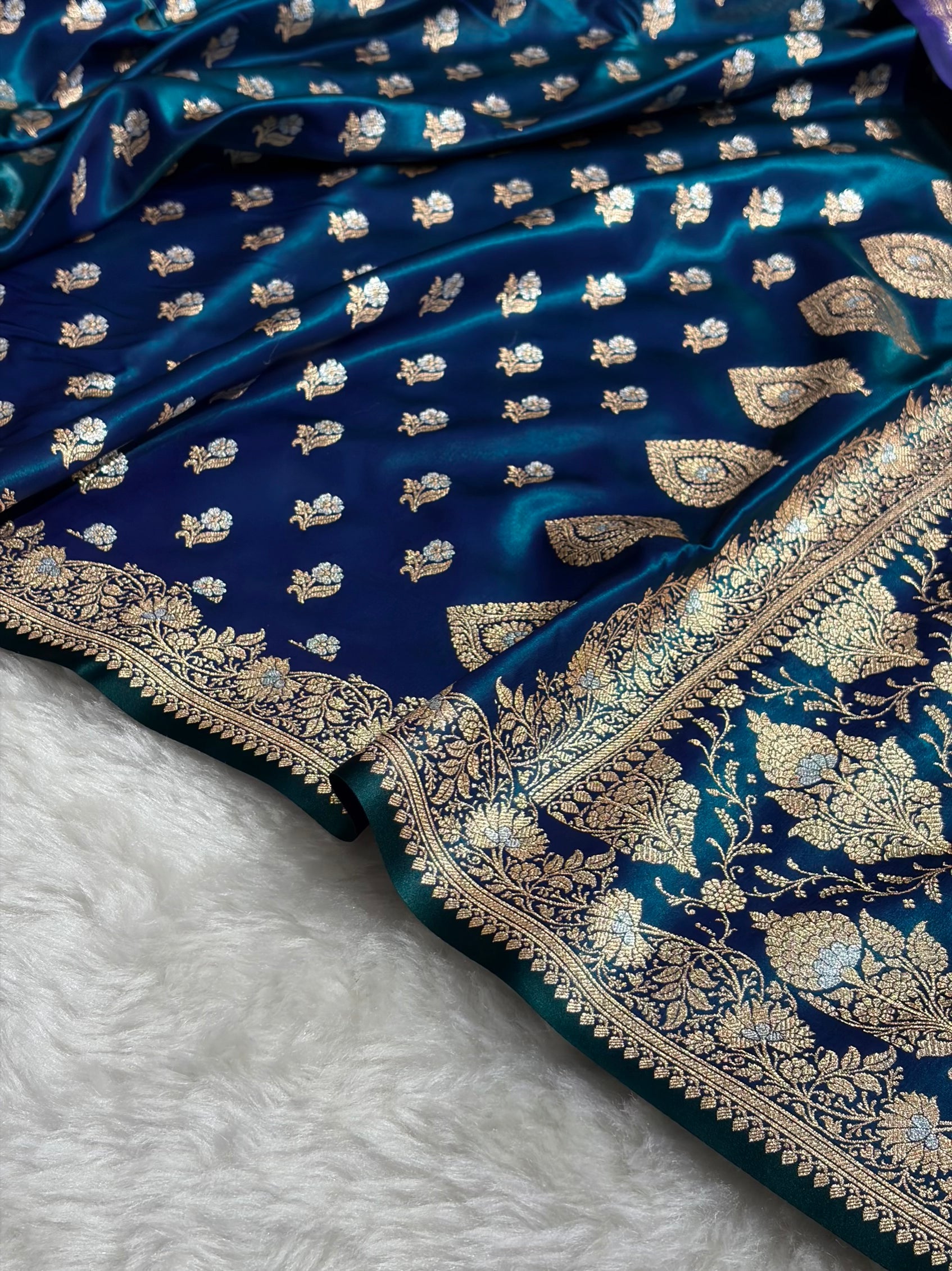 Banarasi Satin Silk Meena Boota in Peacock Shades SS38