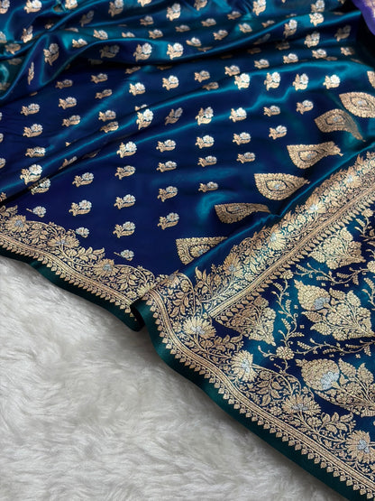 Banarasi Satin Silk Meena Boota in Peacock Shades SS38