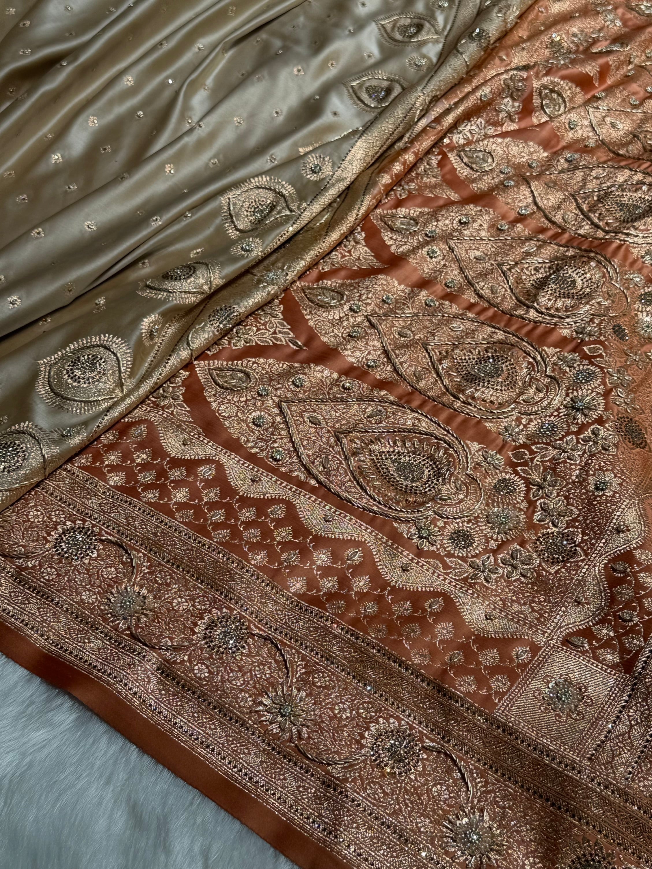 Mustard Tusser With Peach Booti With Ari & Zardozi Work Satin Katan Silk saree BSK29