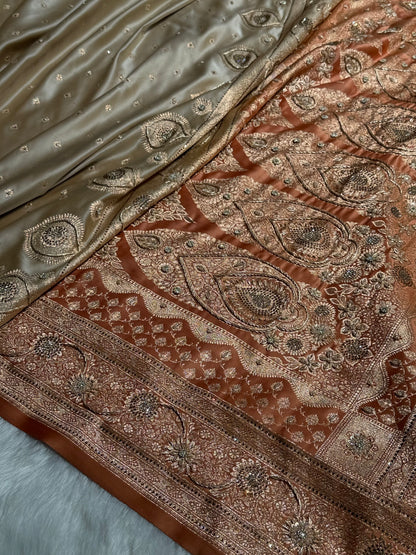 Mustard Tusser With Peach Booti With Ari & Zardozi Work Satin Katan Silk saree BSK29