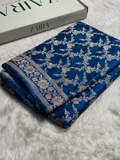 Light German Blue Shade Banarasi Minakari with Jaal Pattern Mashru Silk Saree MS56