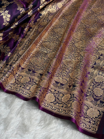 Purple Floral Jaal Pattern Satin Katan Silk Saree SK43