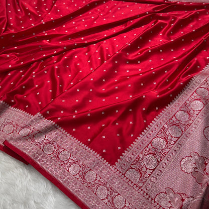 Red Mashru Silk Banarasi Saree with Allover Booti Motifs | SKU - MSB01