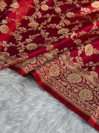 Reddish Magenta Shades Jaal Floral Pattern Satin Katan Silk Saree SK80