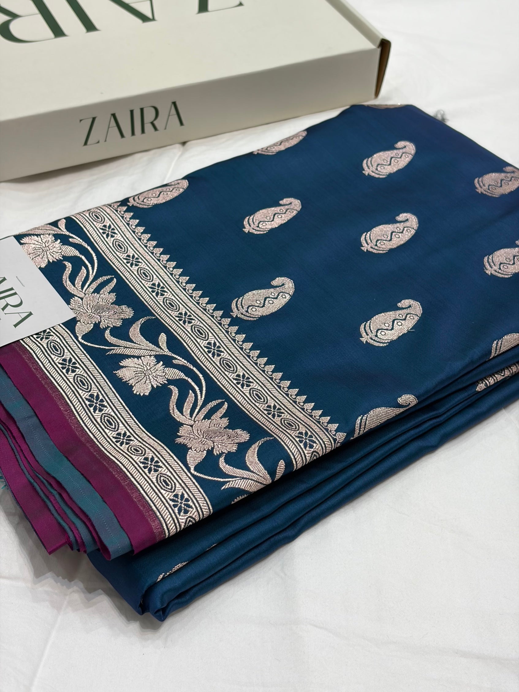 German Blue Shade With Booti Pattern Mashru Silk Saree