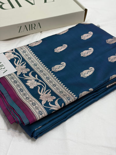 German Blue Shade With Booti Pattern Mashru Silk Saree