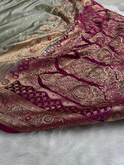 Mehandi Wine Contrast Booti With Ari & Zardozi Work Satin Katan Silk saree BSK29