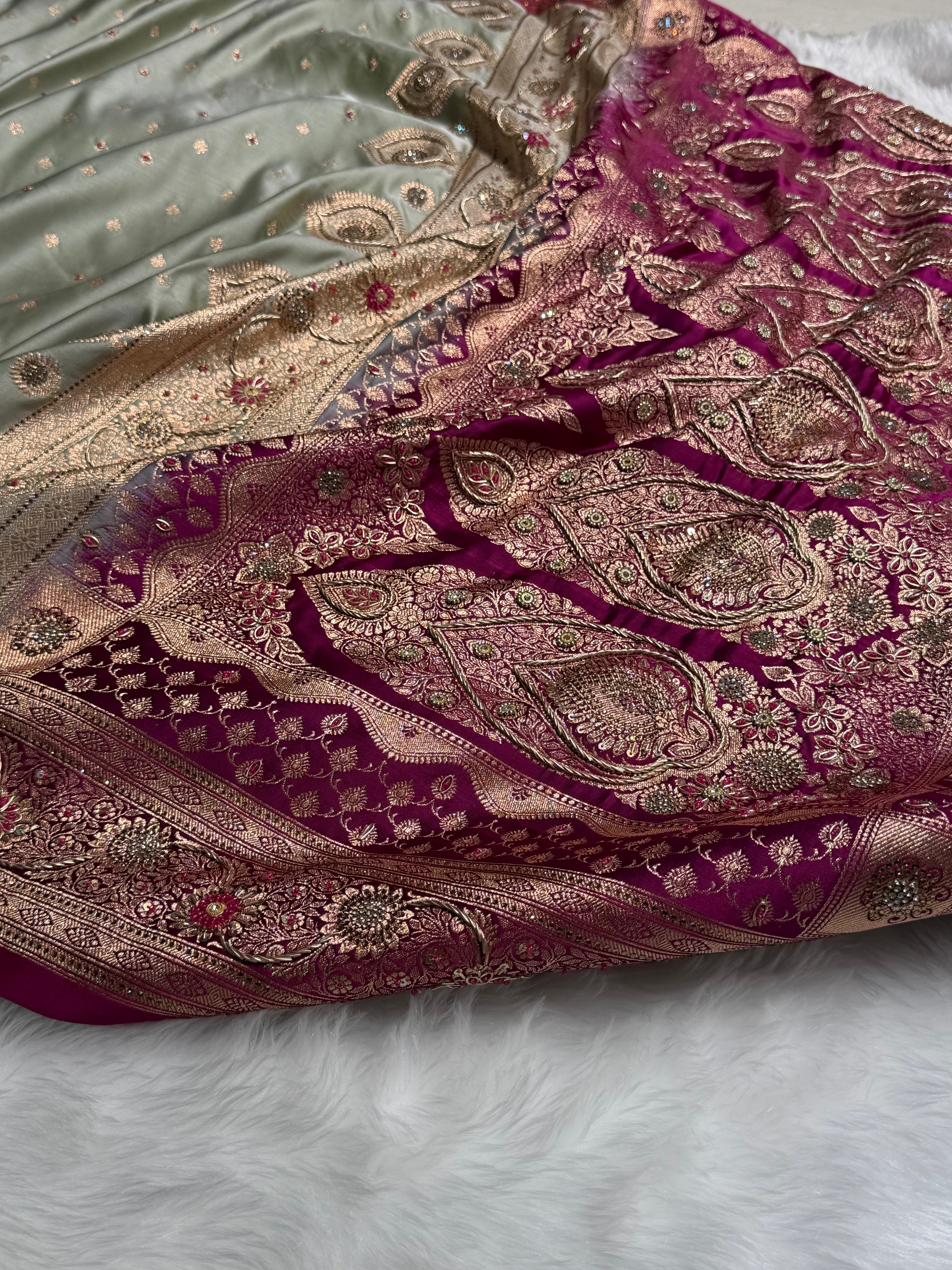 Mehandi Wine Contrast Booti With Ari & Zardozi Work Satin Katan Silk saree BSK29