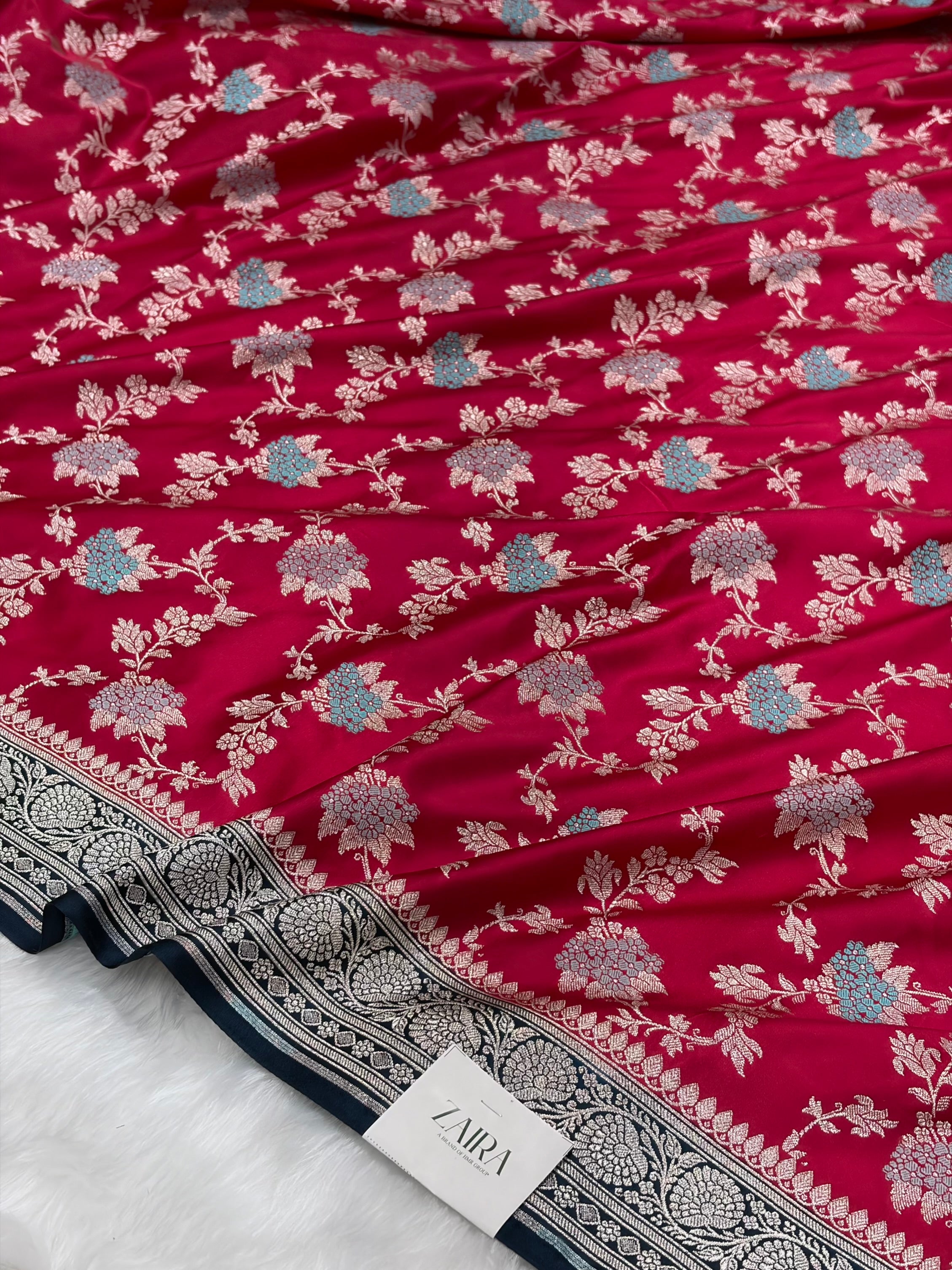 Contrast Ruby Pink Shades With Minakari Jaal Pattern Mashru Silk Saree MS57