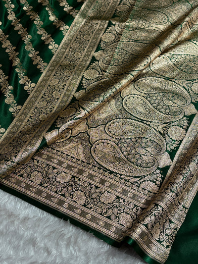 Banarasi Bottle Green Shades Cross Pattern Banarasi Satin Silk Saree SS51